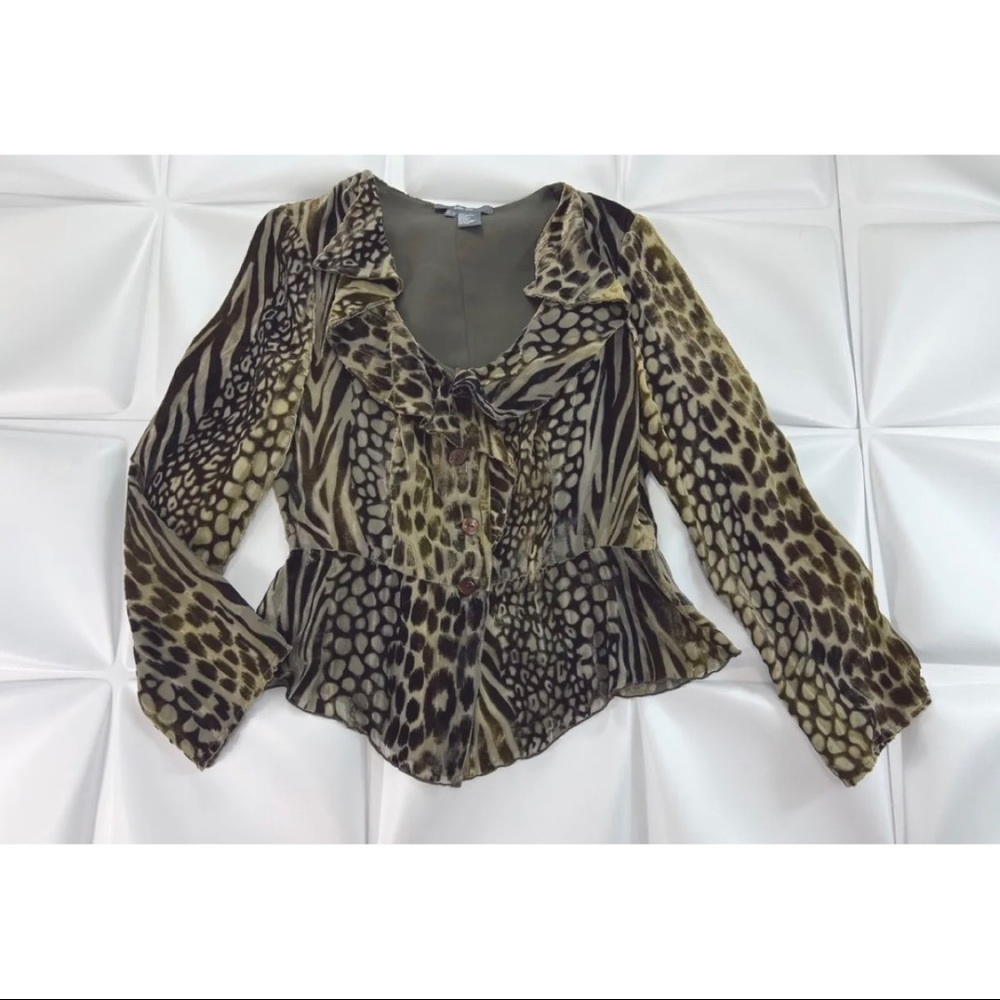 Per Se Women Sz 6 Ruffled Peplum Velvet Velour s Burnout Blouse Silk James Brown